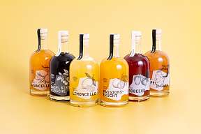 Das farbige Sortiment handgemachter Basler Liköre aus geretteten Früchten in 0.5L Flaschen aus der MALIAN Manufaktur