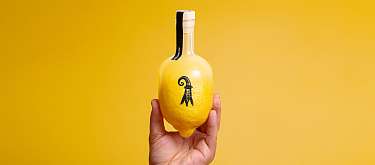 eine Zitrone wird im oberen Teil zur Limoncelloflasche. Auf der Zitrone befindet sich ein Baslerstab: Symbolisch für unsere Produkte handgemacht in Basel aus geretteten Lebensmitteln