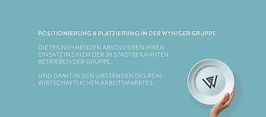 Vorteil3 MALIAN Arbeitsintegration WynigerGruppe Vorteil3 MALIAN Arbeitsintegration Positionierung & Platzierung in der Wyniger Gruppe symbolisiert durch eine Hand die einen Teller mit dem Wyniger Logo hält